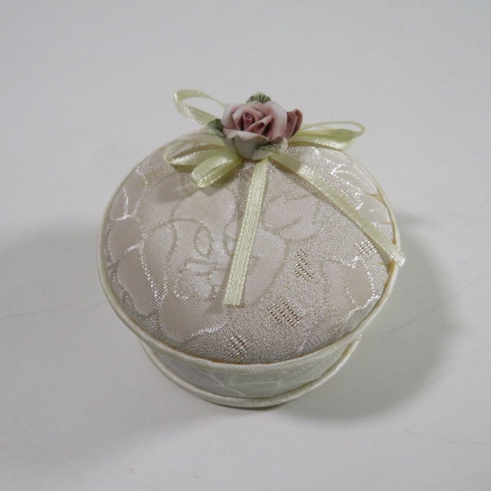 1980s Fabric Covered Round Box Ceramic Rose